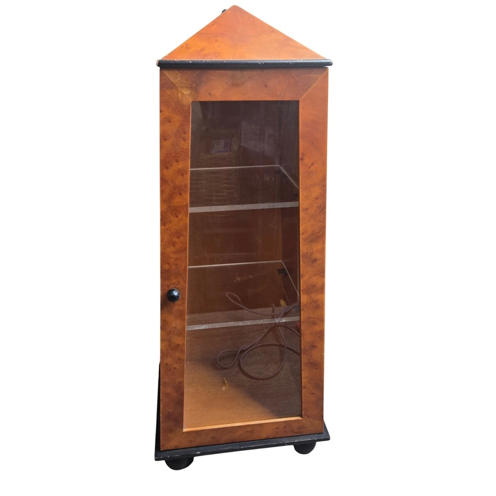 Vintage Burl Wood Curio Display Cabinet Glass Door Pyramid Countertop Shelf